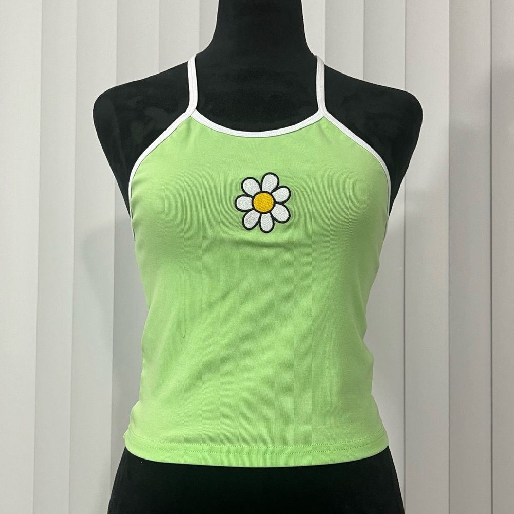 SUGAR THRILLZ Daisy Vision Cotton Graphic Crop Halter Tank Top Lime Green Medium